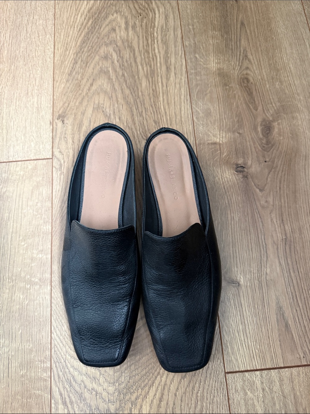 Black short block heel leather mule